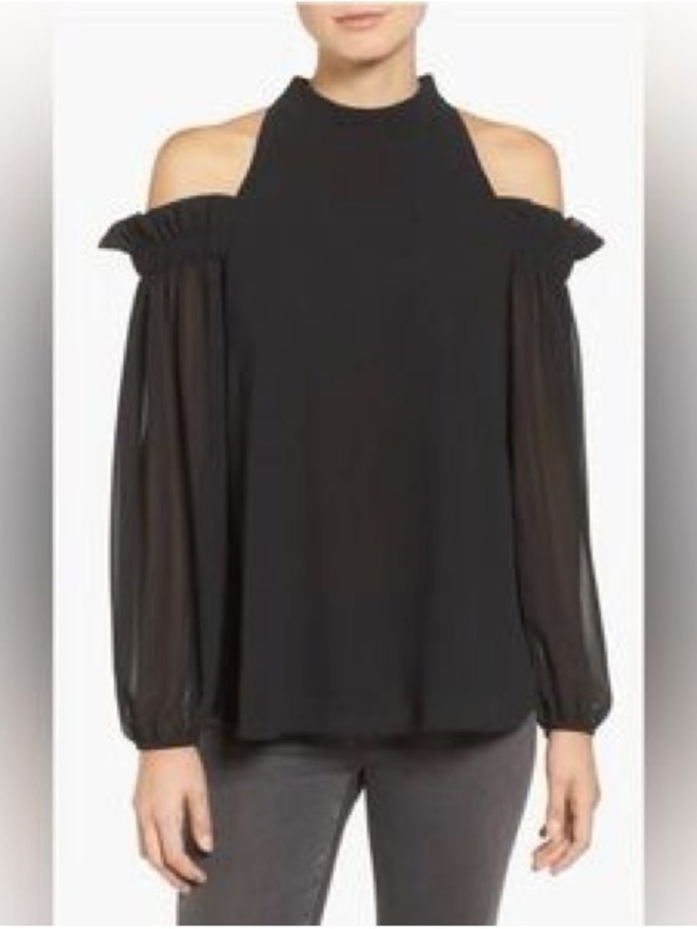 Trouve Black Cold-Shoulder Mock Neck Blouse